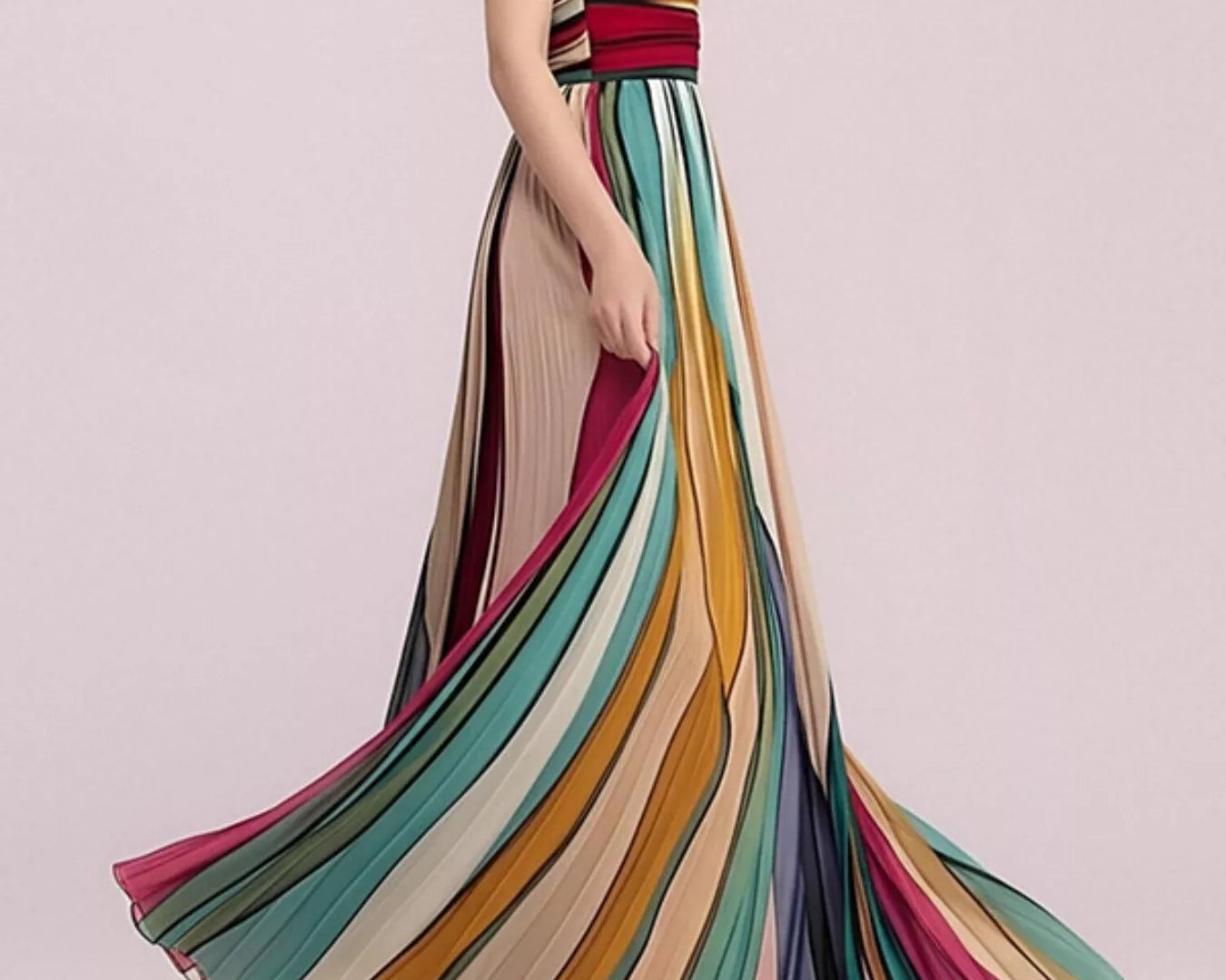 NEWYORKLISTED STYLE COLLECTION: Multicolored striped dress on a model against a light pink background