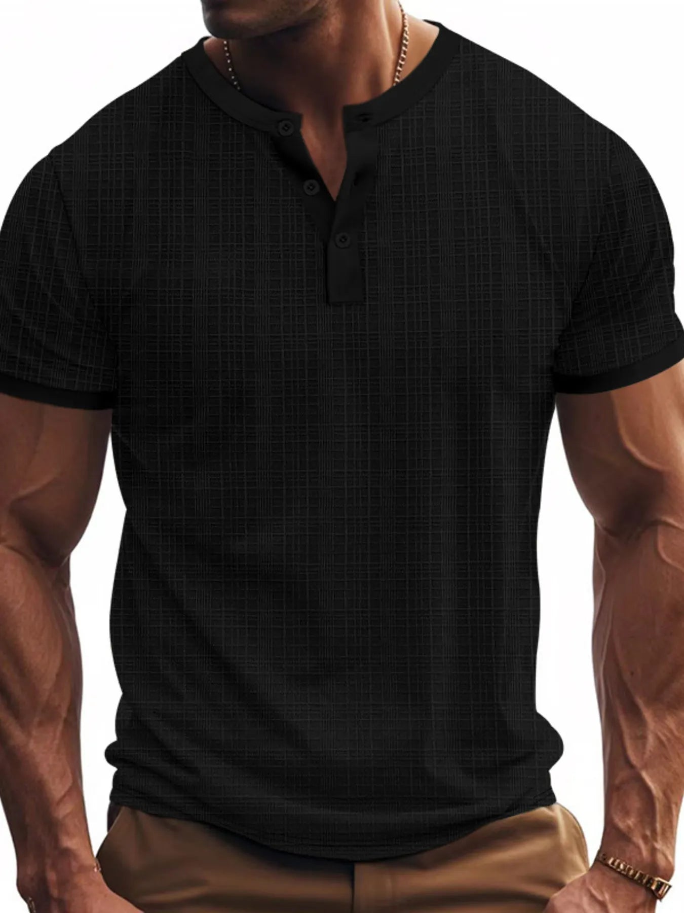 NEWYORKLISTED ATLAS MEN’S COLLECTION: Men's Full Size Button Detail Short Sleeve Top in Black
