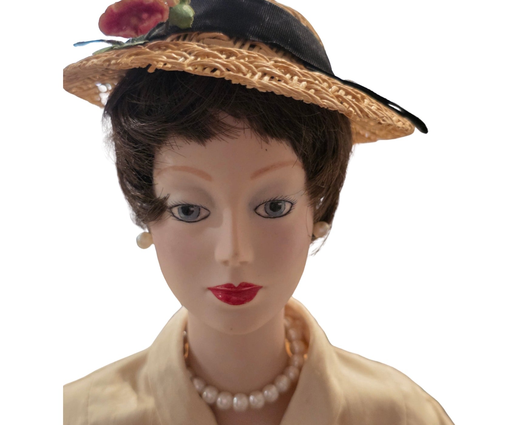 NEWYORKLISTED Unique Finds Collection: Vintage Dior fashion doll with authentic 1940s boater hat and pearl accessories