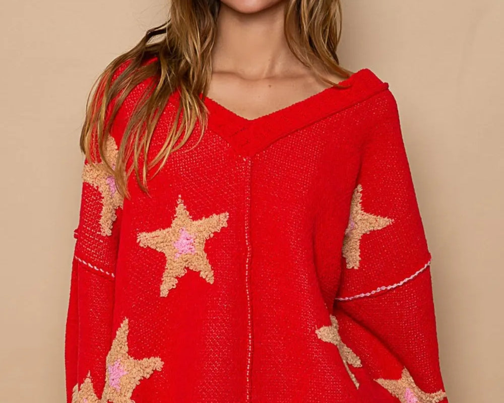 NEWYORKLISTED STYLE COLLECTION: V-Neck Star Patch Contrast Sweater in Red