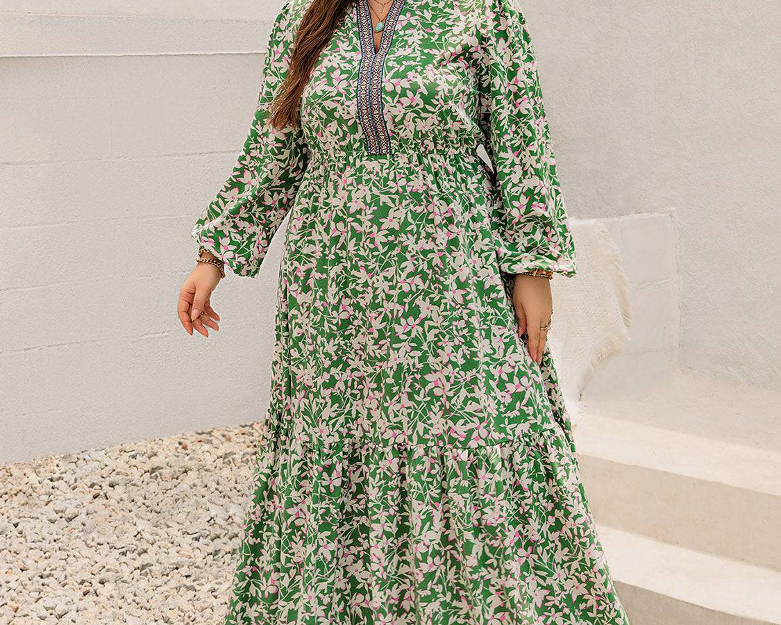 Plus Size Printed Notched Long Sleeve Maxi Dress - NEWYORKLISTED