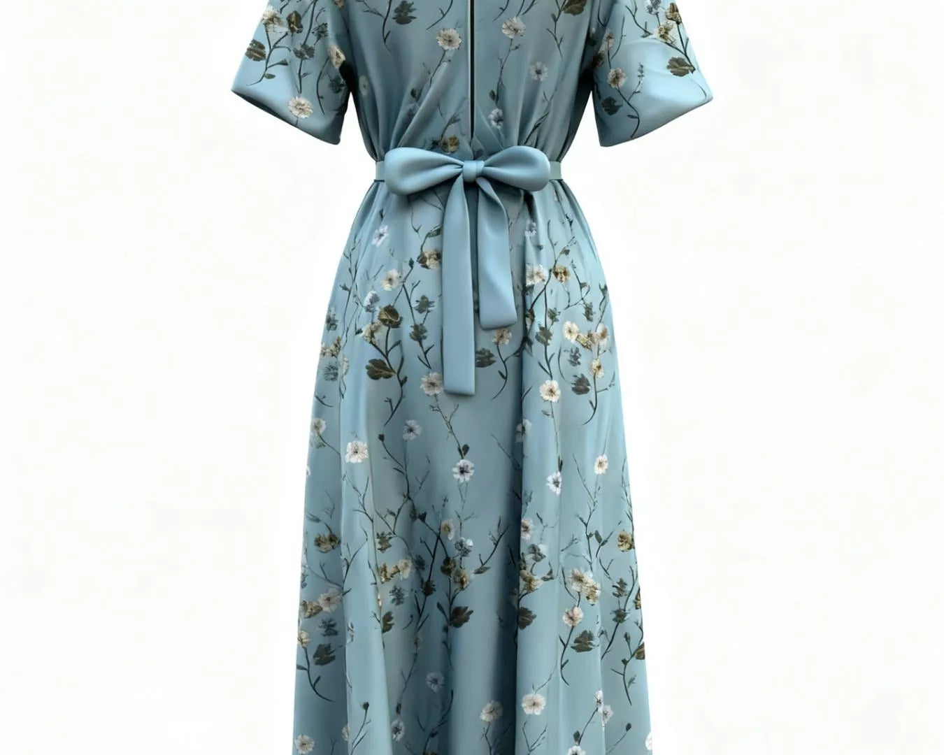 NEWYORKLISTED STYLE COLLECTION: Light blue floral dress with a belt on a white background