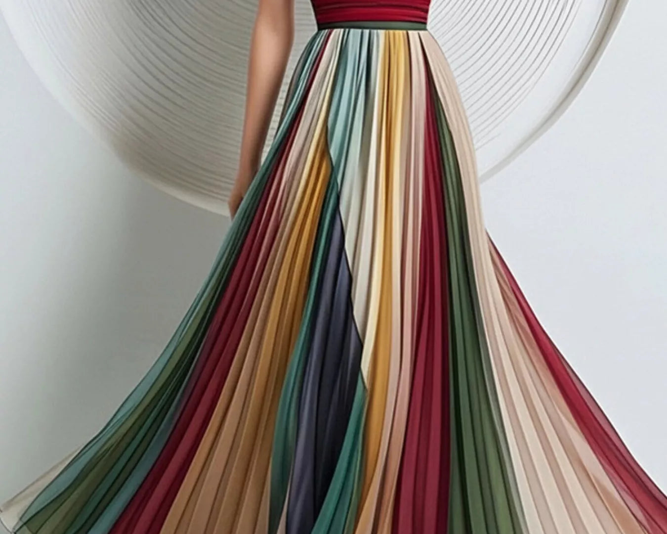 NEWYORKLISTED STYLE COLLECTION: A woman wearing a strapless A-line maxi dress with a multicolor striped bodice and flowing pleated skirt in shades of green, red, beige, and blue, posed against a white background with a circular textured wall.