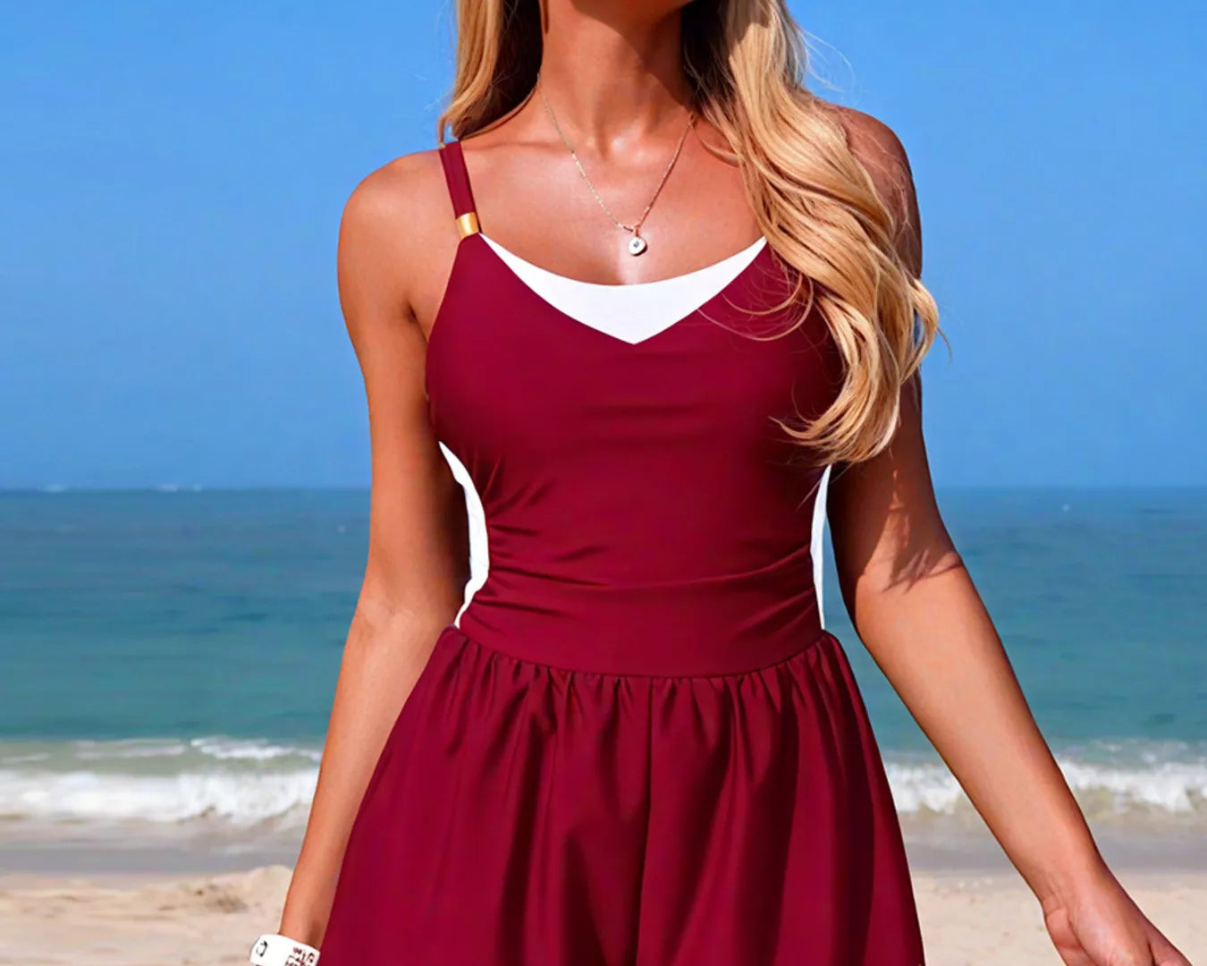 NEWYORKLISTED EDEN COLLECTION: Woman in a red romper standing on a beach with blue sky and ocean.
