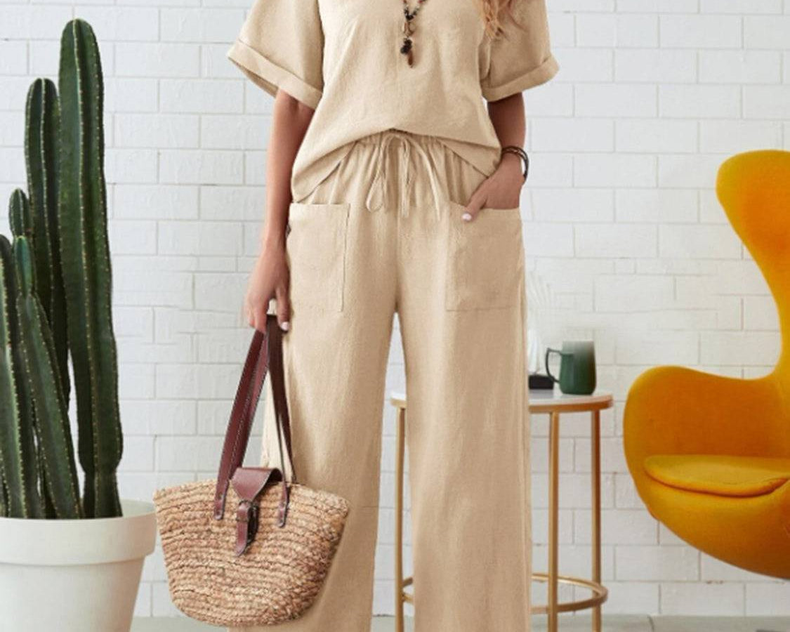 NYLD: Round Neck Half Sleeve Top and Pocketed Pants Set - NEWYORKLISTED