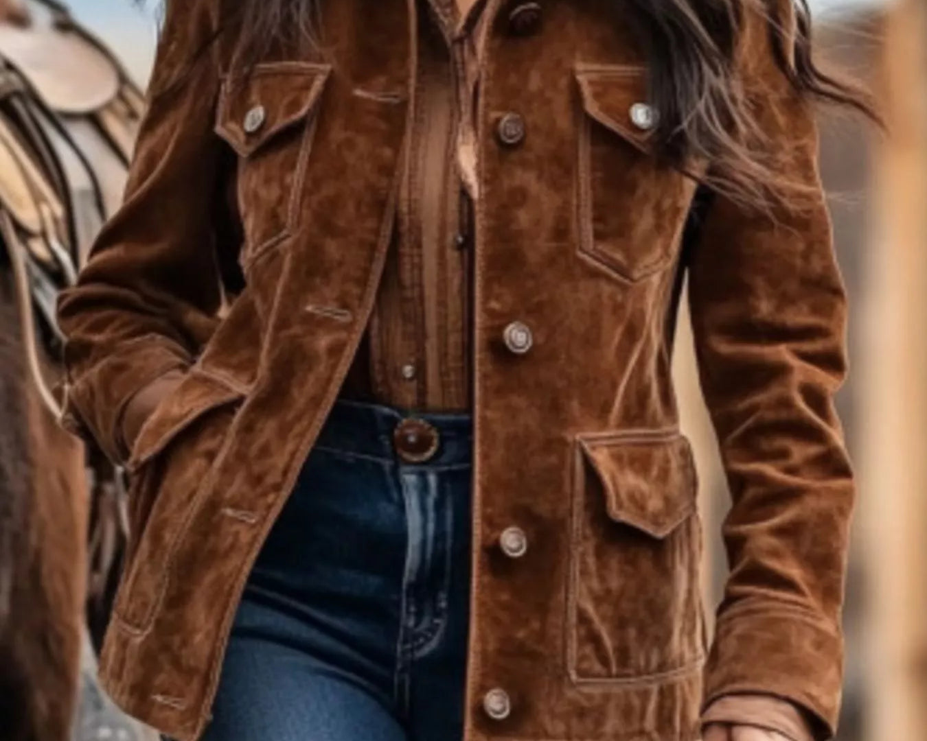 NEWYORKLISTED STYLE COLLECTION: Person wearing a brown suede jacket with a blurred background