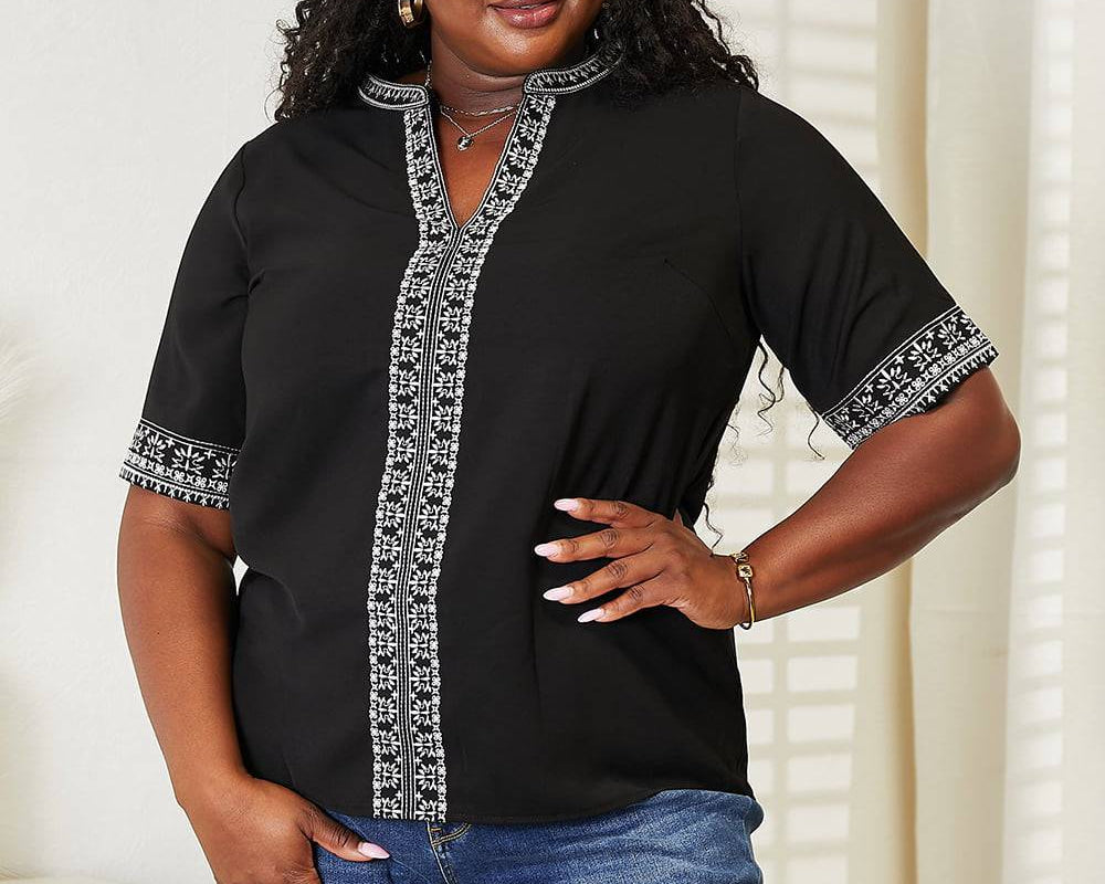 NEWYORKLISTED: Embroidered Notched Neck Top - NEWYORKLISTED