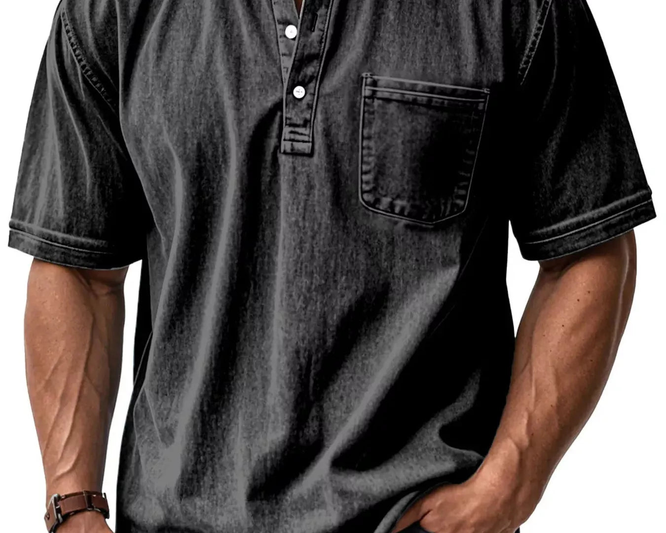 NEWYORKLISTED ATLAS MEN'S COLLECTION: Man wearing a black short-sleeve henley shirt with a pocket on a white background