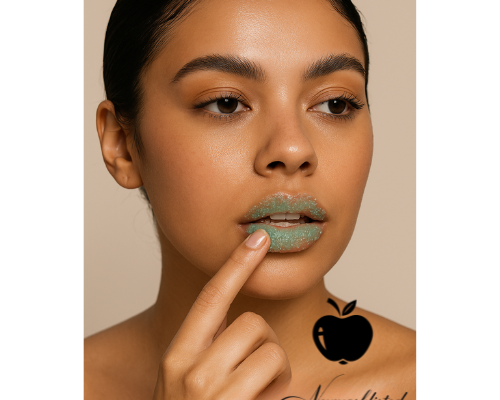 A beautiful young woman with glowing skin and glossy natural makeup gently applies NEWYORKLISTED mint-green lip scrub to her lips using her fingertip. The image features soft, modern lighting with a clean beige background and the NEWYORKLISTED logo elegantly displayed at the bottom, creating a chic, luxury beauty ad aesthetic.
