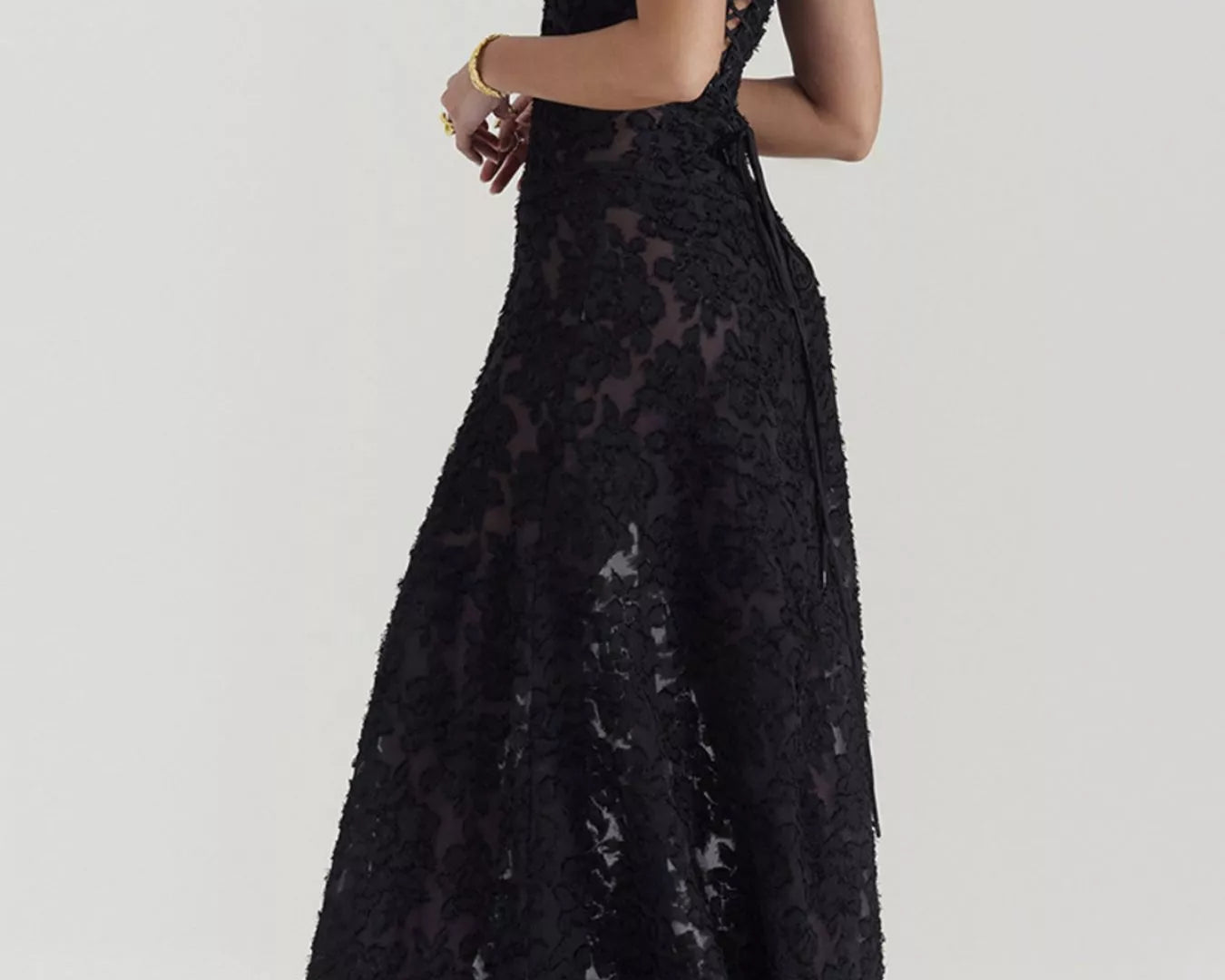 NEWYORKLISTED STYLE COLLECTION: Black lace dress worn by a person on a white background