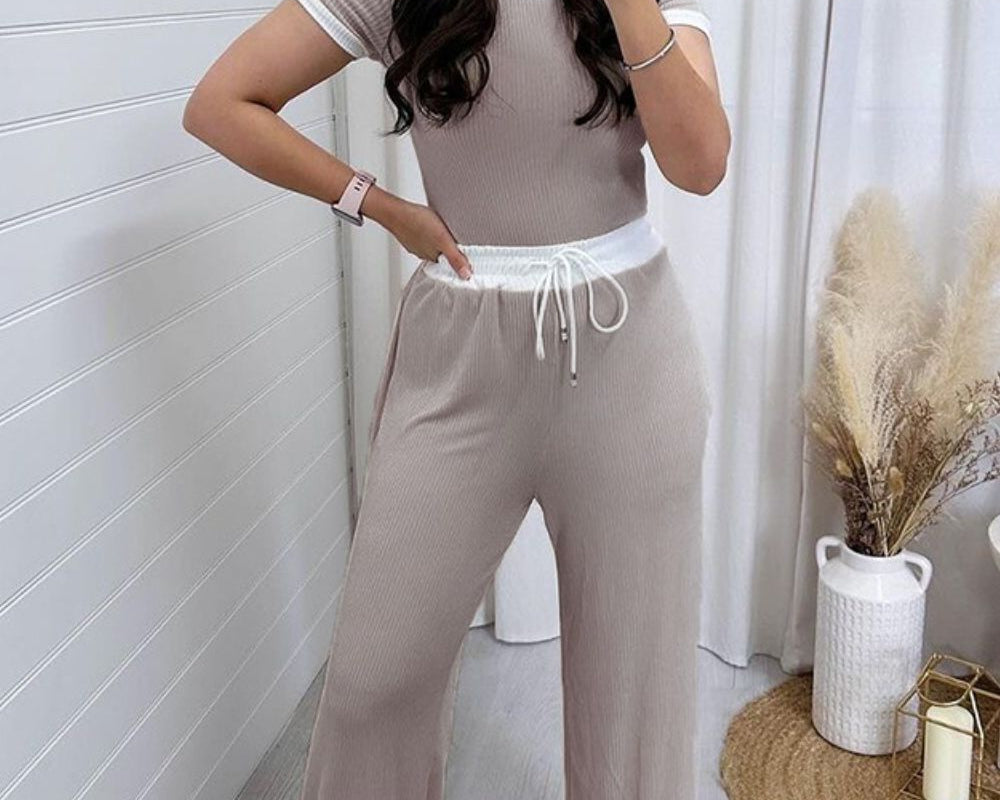 NYLD: Contrast Trim Round Neck Top and Pants Set - NEWYORKLISTED