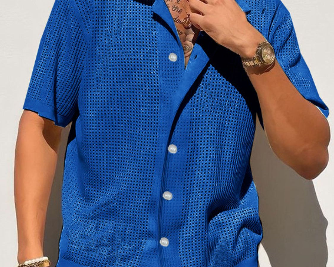 NEWYORKLISTED ATLAS MEN’S COLLECTION: Men’s Full Size Openwork Button Down Collared Neck Shirt – Breezy Sophistication for Every Size in Blue