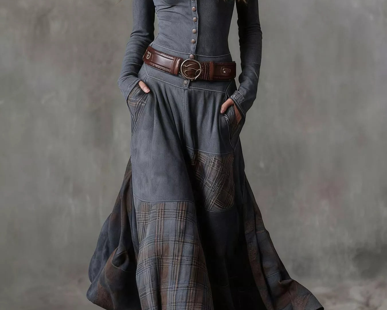 NEWYORKLISTED Style Collection: Woman wearing a long, dark gray dress with plaid pattern and brown belt against a gray background