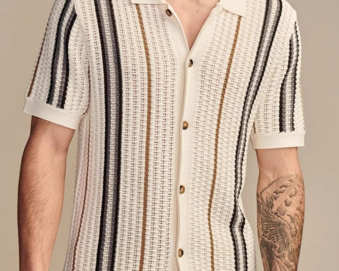 NEWYORKLISTED ATLAS MEN’S COLLECTION: Men’s Plus Size Striped Collared Neck Short Sleeve Shirt in Beige