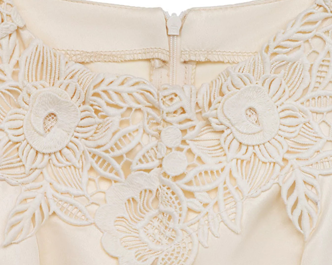 NEWYORKLISTED STYLE COLLECTION: Close-up of a cream-colored garment with floral lace details