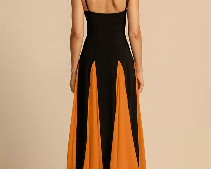 NEWYORKLISTED STYLE COLLECTION: Woman wearing a black and orange dress with a beige background