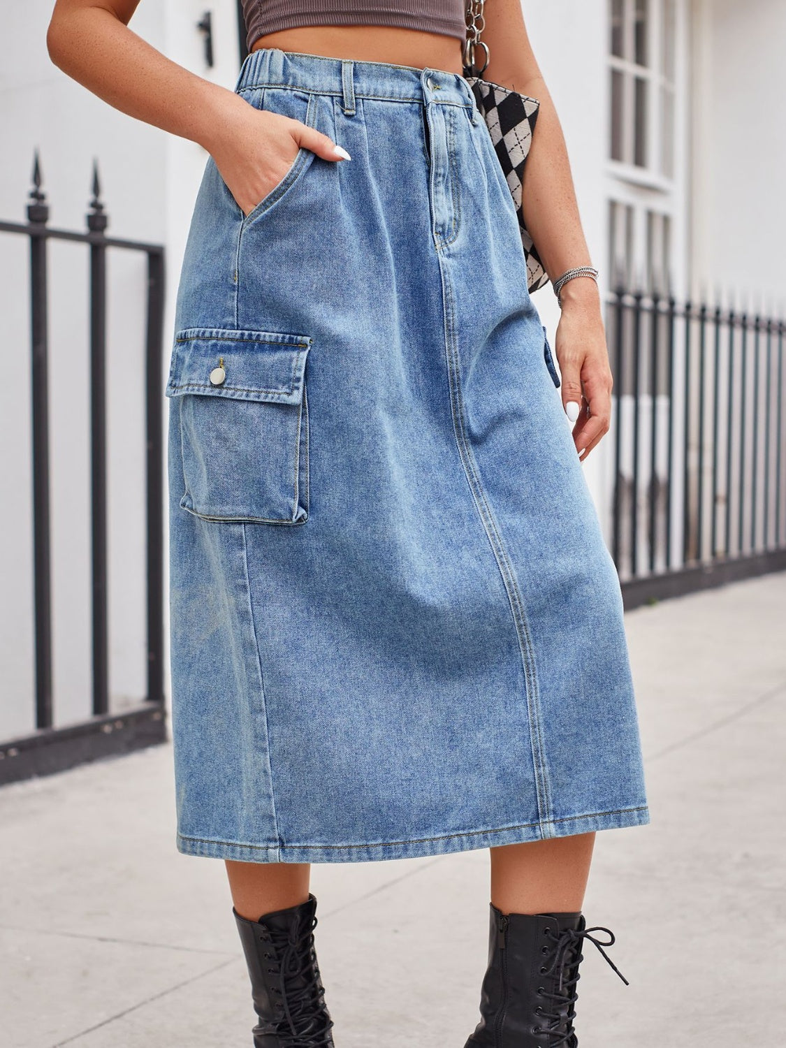 Slit Buttoned Denim Skirt with Pockets - NEWYORKLISTED