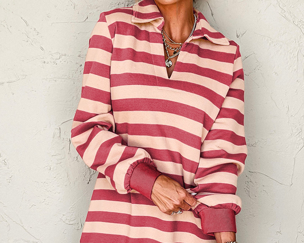NEWYOKLISTED STYLE COLLECTION: Striped Johnny Collar Long Sleeve Mini Dress - NEWYORKLISTED