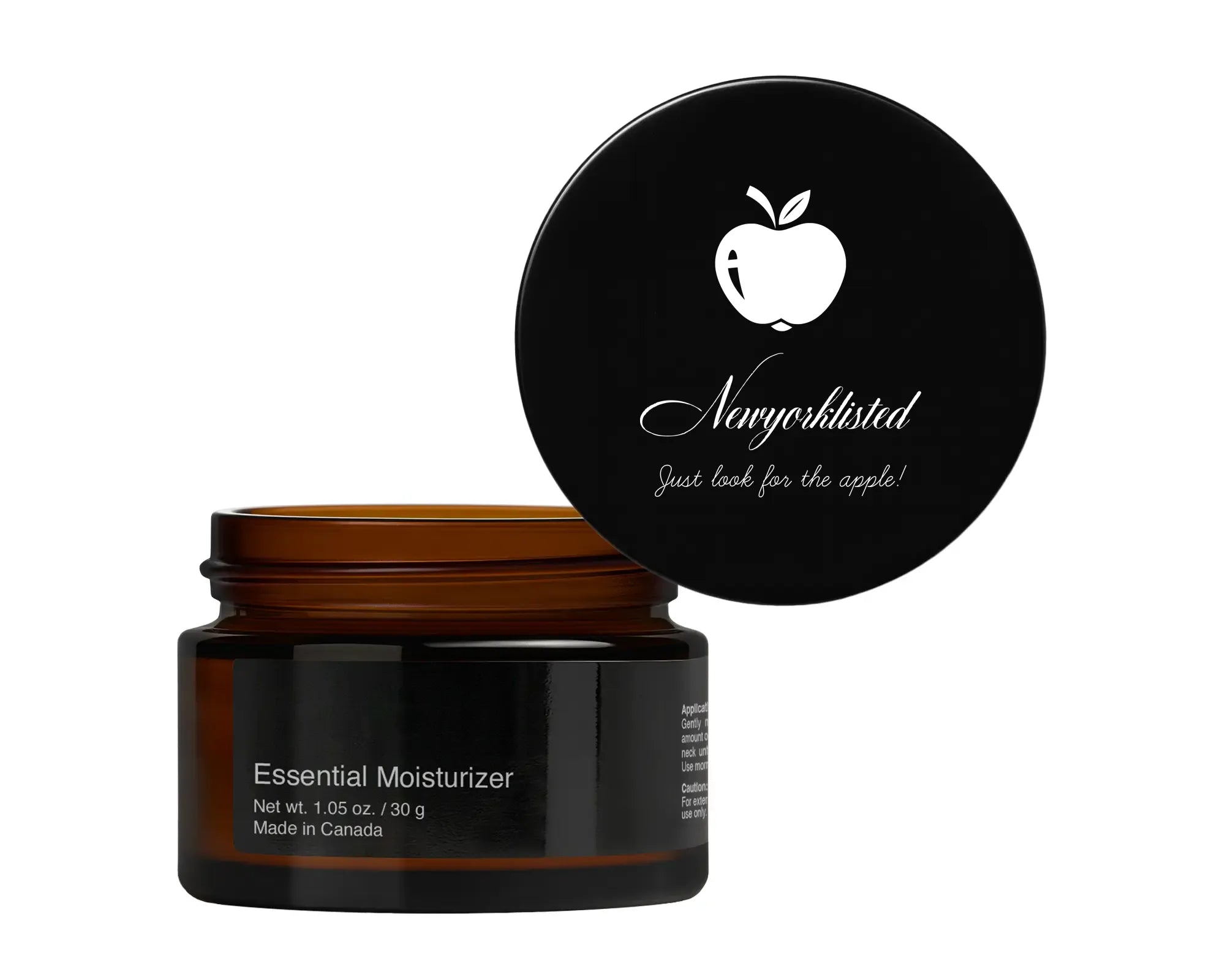 NEWYORKLISTED COSMETIC COLLECTION: Essential Moisturizer - Fresh aloe, Black jar of essential moisturizer with a black lid featuring the NEWYORKLISTED.COM logo on a white background