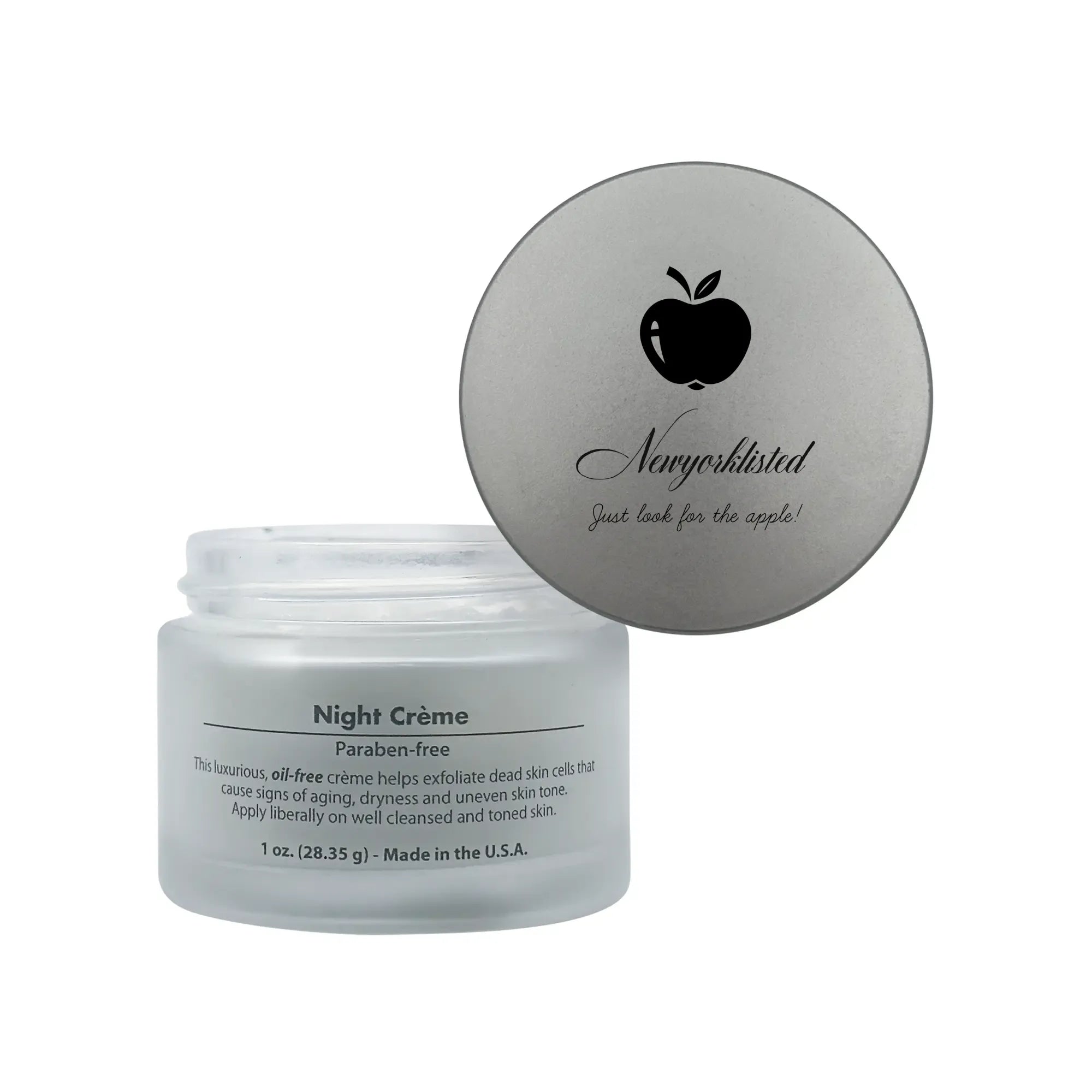 NEWYORKLISTED Cosmetic Collection: Jar of NEWYORKLISTED Night Renewal Crème with a silver lid on a white background