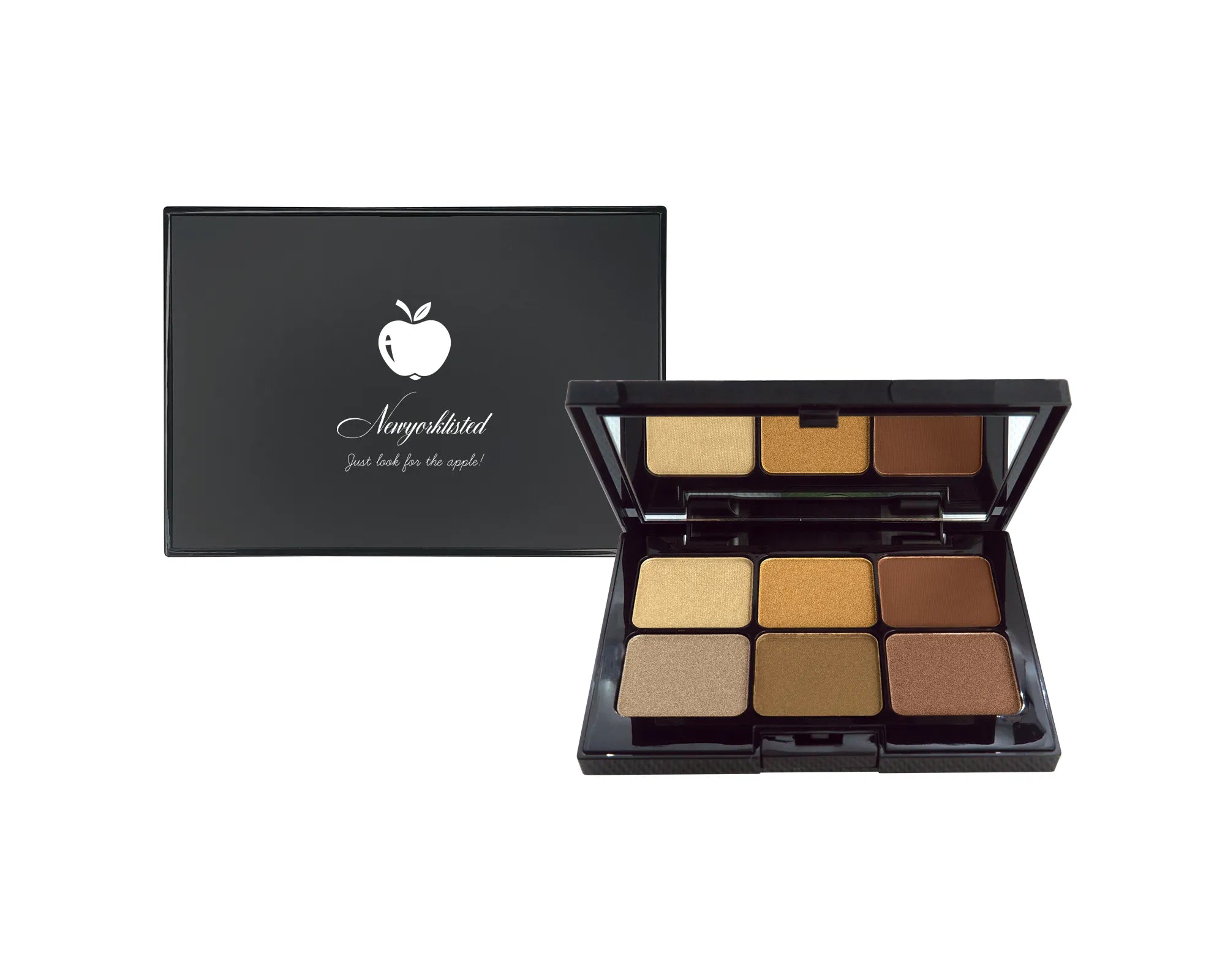 NEWYORKLISTED COSMETIC COLLECTION: Eyeshadow Palette - Caramel Kiss, Makeup palette with six brown shades and a black box on a white background