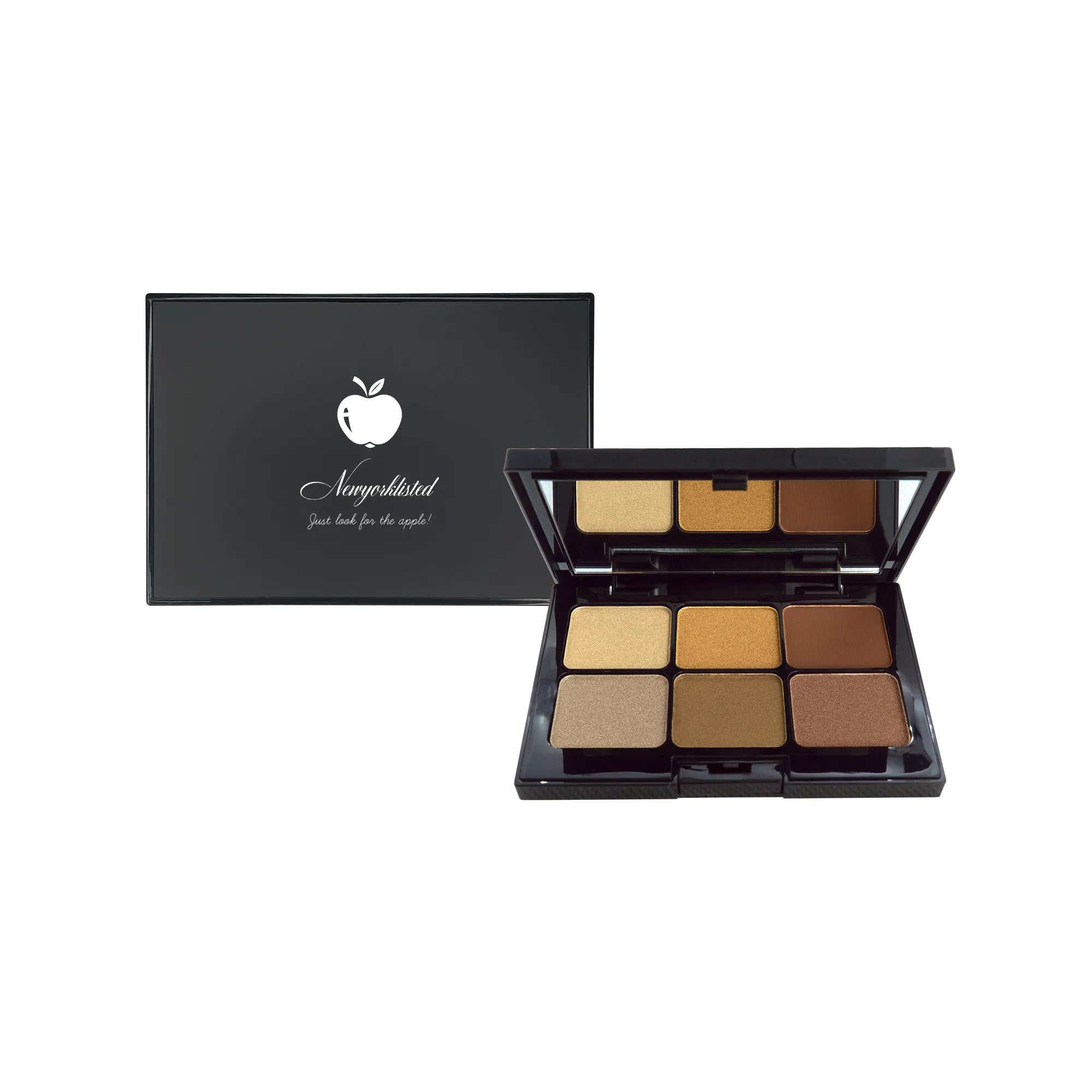 NEWYORKLISTED COSMETIC COLLECTION: Eyeshadow Palette - Caramel Kiss, Makeup palette with six brown shades and a black box on a white background