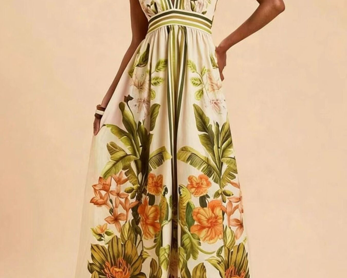 NEWYORKLISTED STYLE COLLECTION: Woman wearing a floral dress with a beige background