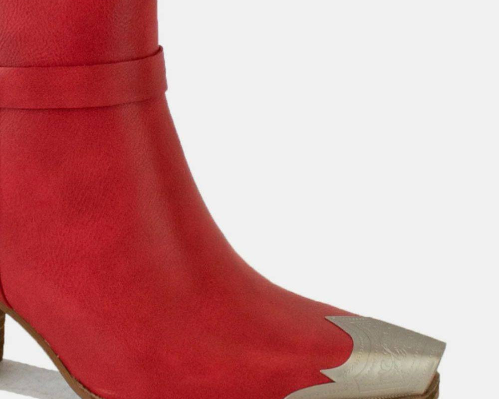 NEWYORKLISTED STYLE COLLECTION: Red Faux Leather Metal Toe Ankle Boots - NEWYORKLISTED