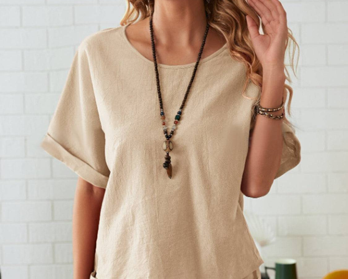 NYLD: Round Neck Half Sleeve Top and Pocketed Pants Set - NEWYORKLISTED