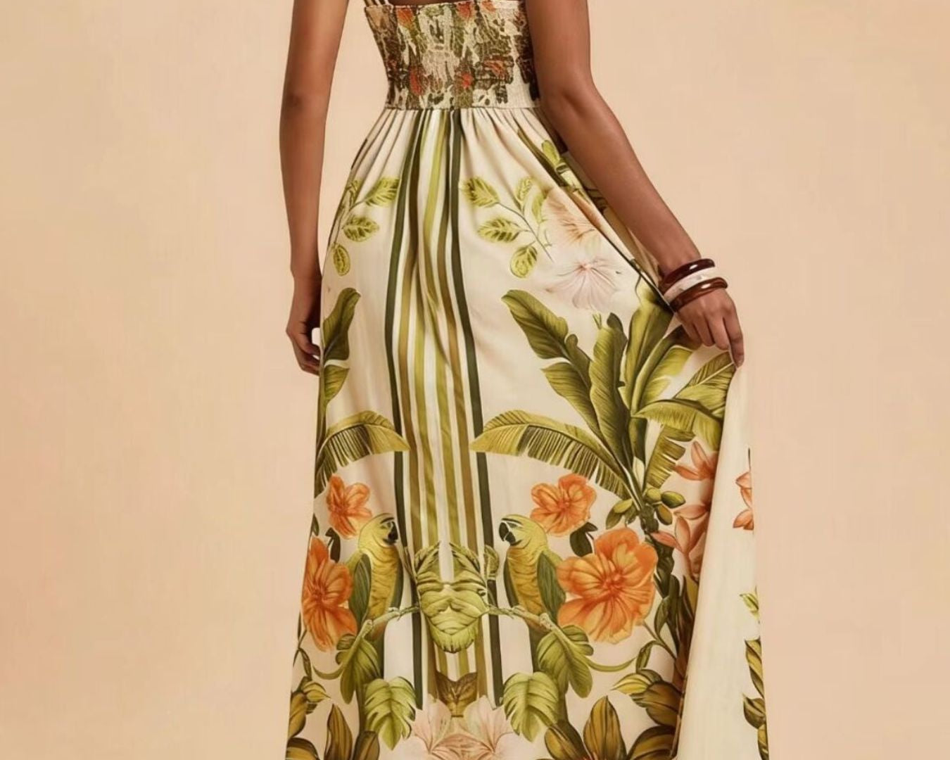 NEWYORKLISTED STYLE COLLECTION: Woman wearing a floral dress with a beige background