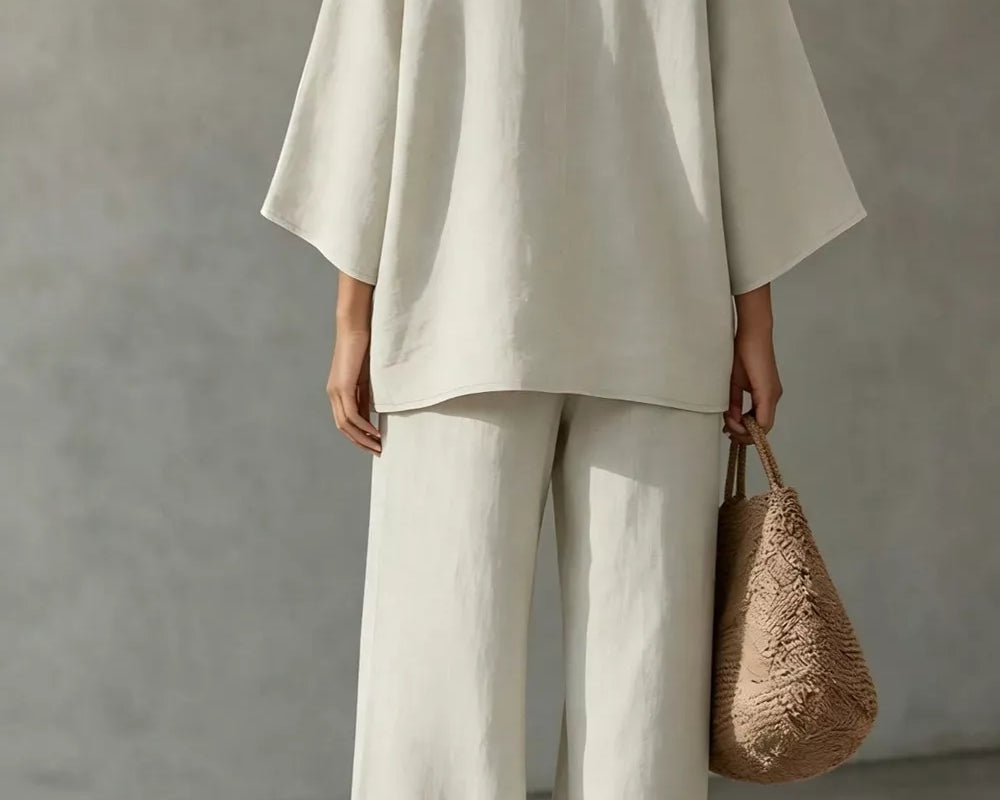 NEWYORKLISTED STYLE COLLECTION: A woman shown from the back wearing a loose off-white linen two-piece set with a wide-sleeve top and wide-leg trousers, holding a woven straw bag against a textured gray wall.