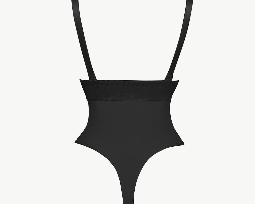 NEWYORKLISTED Intimate Apparel: Black swimsuit with thin straps on a white background