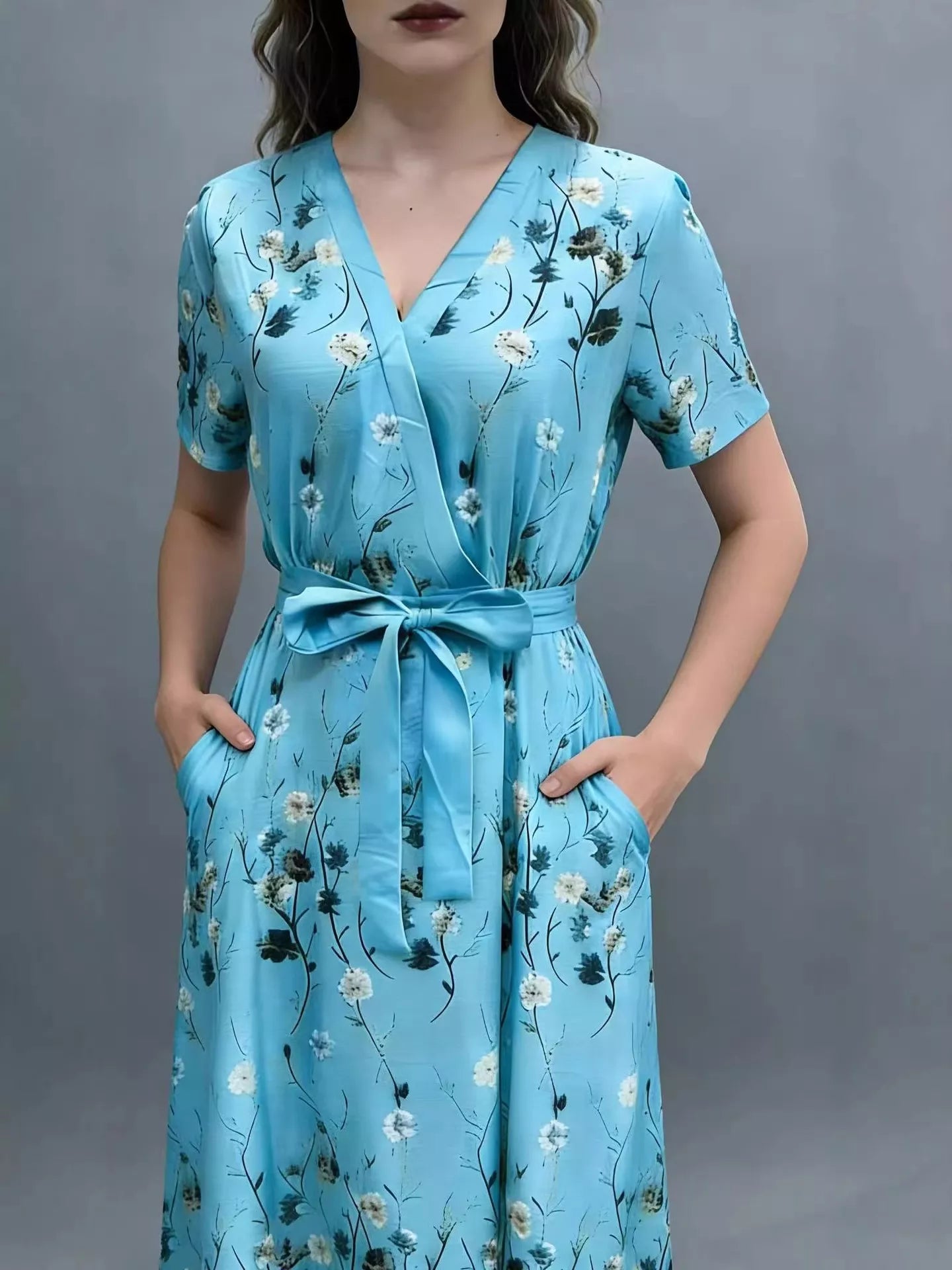 NEWYORKLISTED STYLE COLLECTION: Woman wearing a blue floral dress against a gray background
