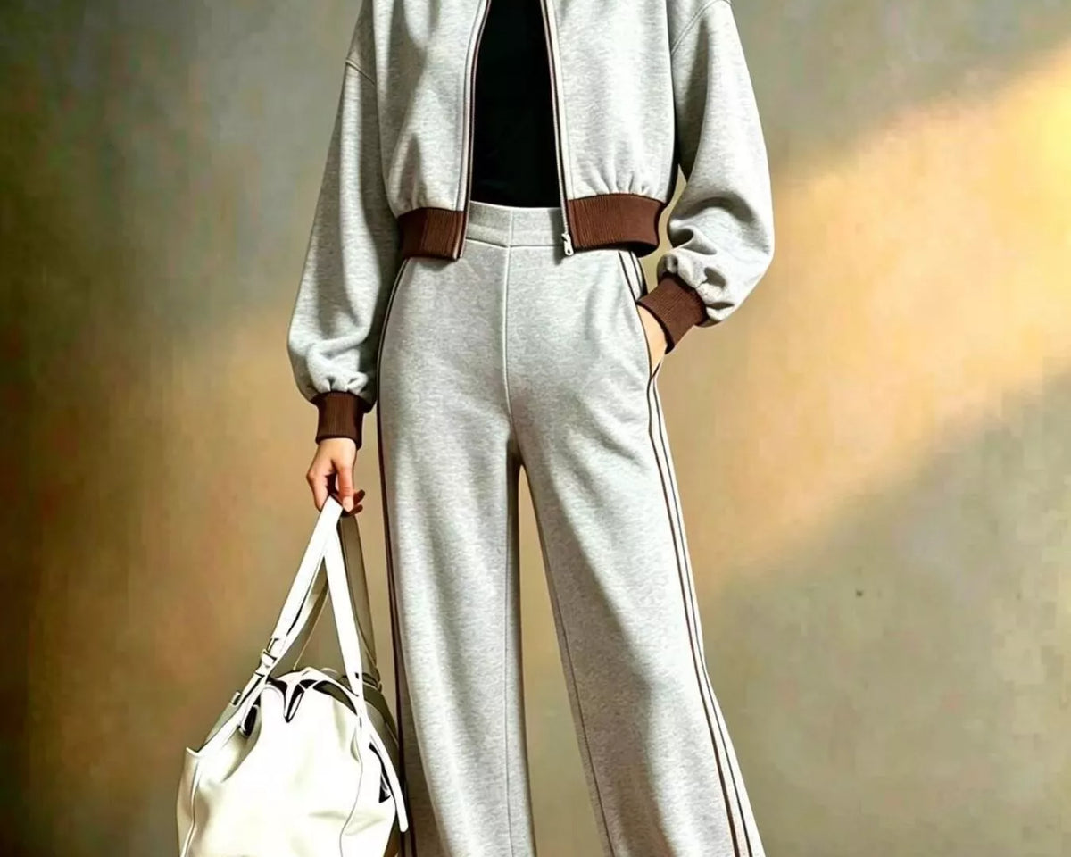 NEWYORKLISTED STYLE COLLECTION: A model stands in a studio wearing a light gray two-piece tracksuit with brown ribbed trim, including a cropped zip-up jacket and matching wide-leg sweatpants. She holds a white handbag against a textured warm gray background.