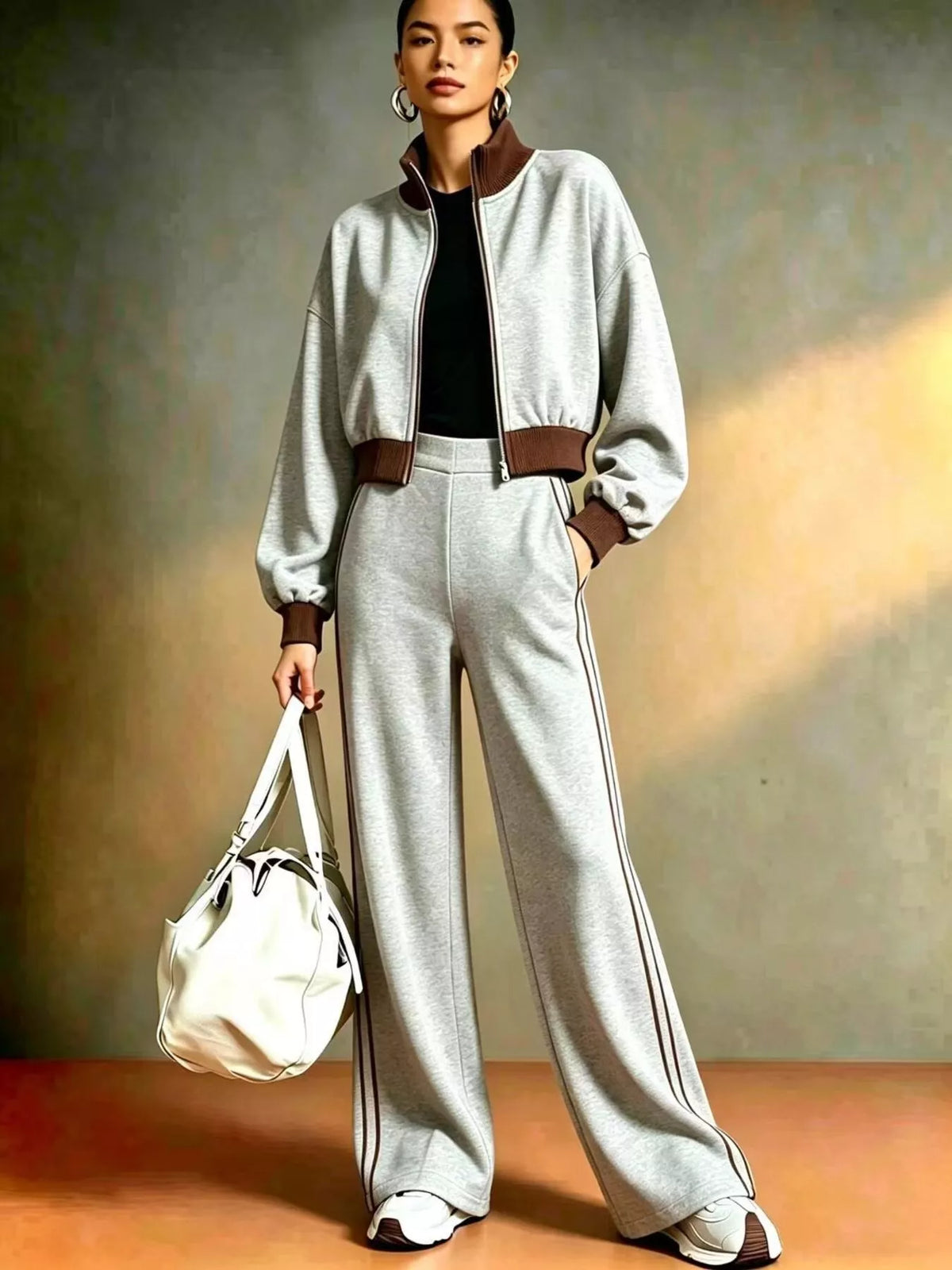 NEWYORKLISTED STYLE COLLECTION: A model stands in a studio wearing a light gray two-piece tracksuit with brown ribbed trim, including a cropped zip-up jacket and matching wide-leg sweatpants. She holds a white handbag against a textured warm gray background.