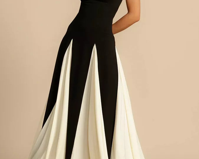 NEWYORKLISTED STYLE COLLECTION: Black and white evening gown on a beige background