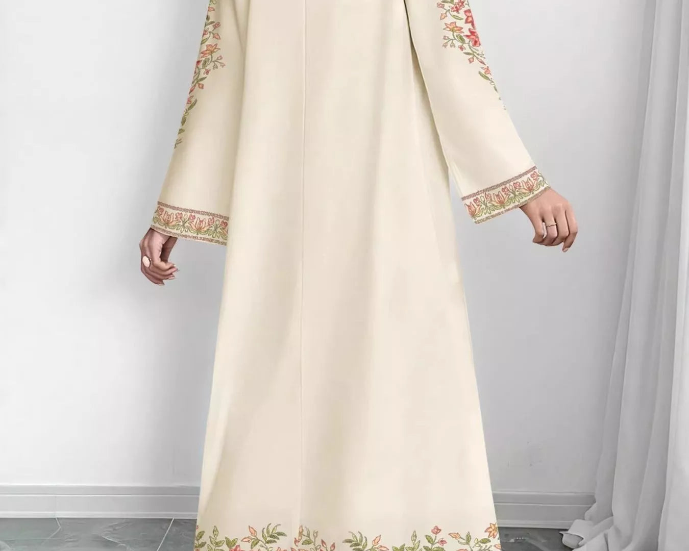 NEWYORKLISTED STYLE COLLECTION: Beige embroidered dress worn by a model on a white background