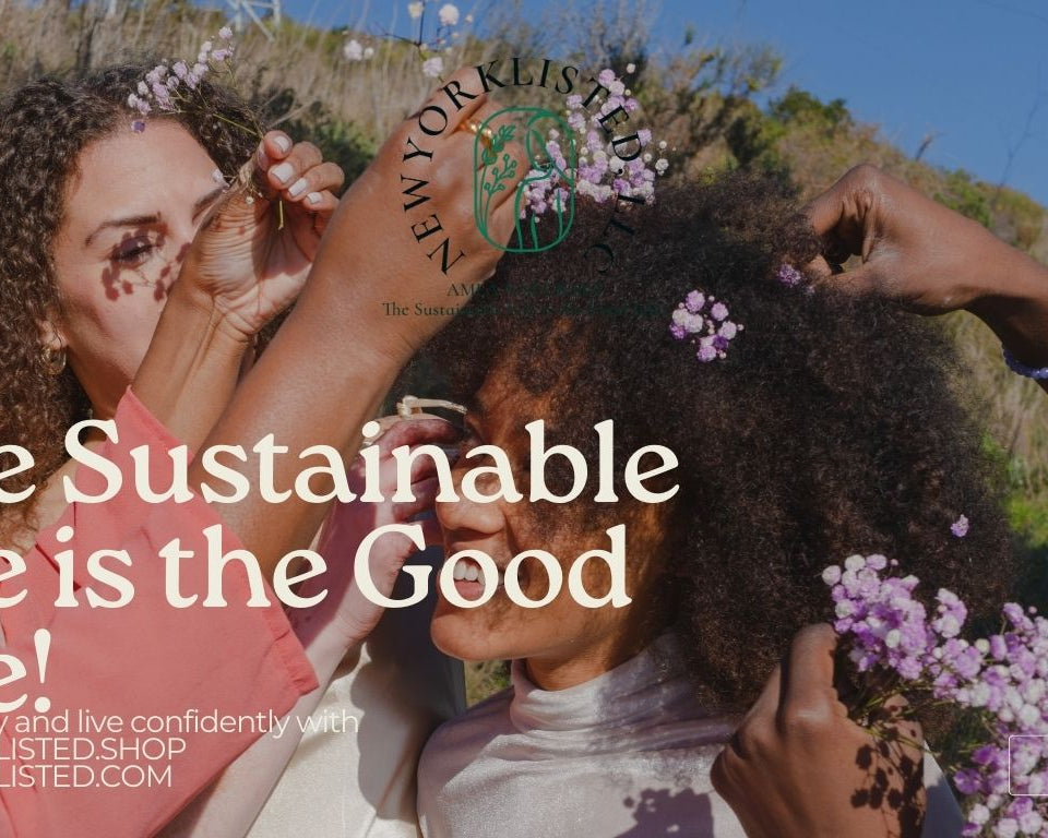 AMLA NATURALS - NEWYORKLISTED Natural Curl Care Products, Two women with flowers in their hair against a natural background with text about sustainability.