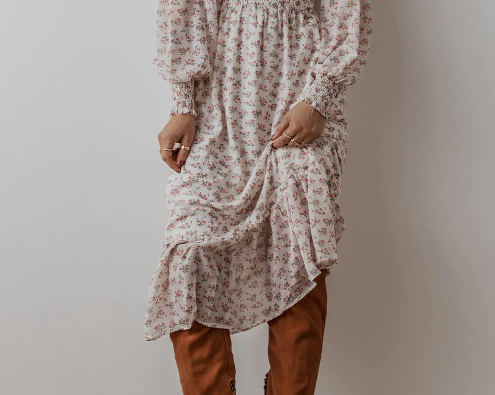 NEWYORKLISTED STYLE COLLECTION: Smocked Floral Long Sleeve Midi Dress - NEWYORKLISTED