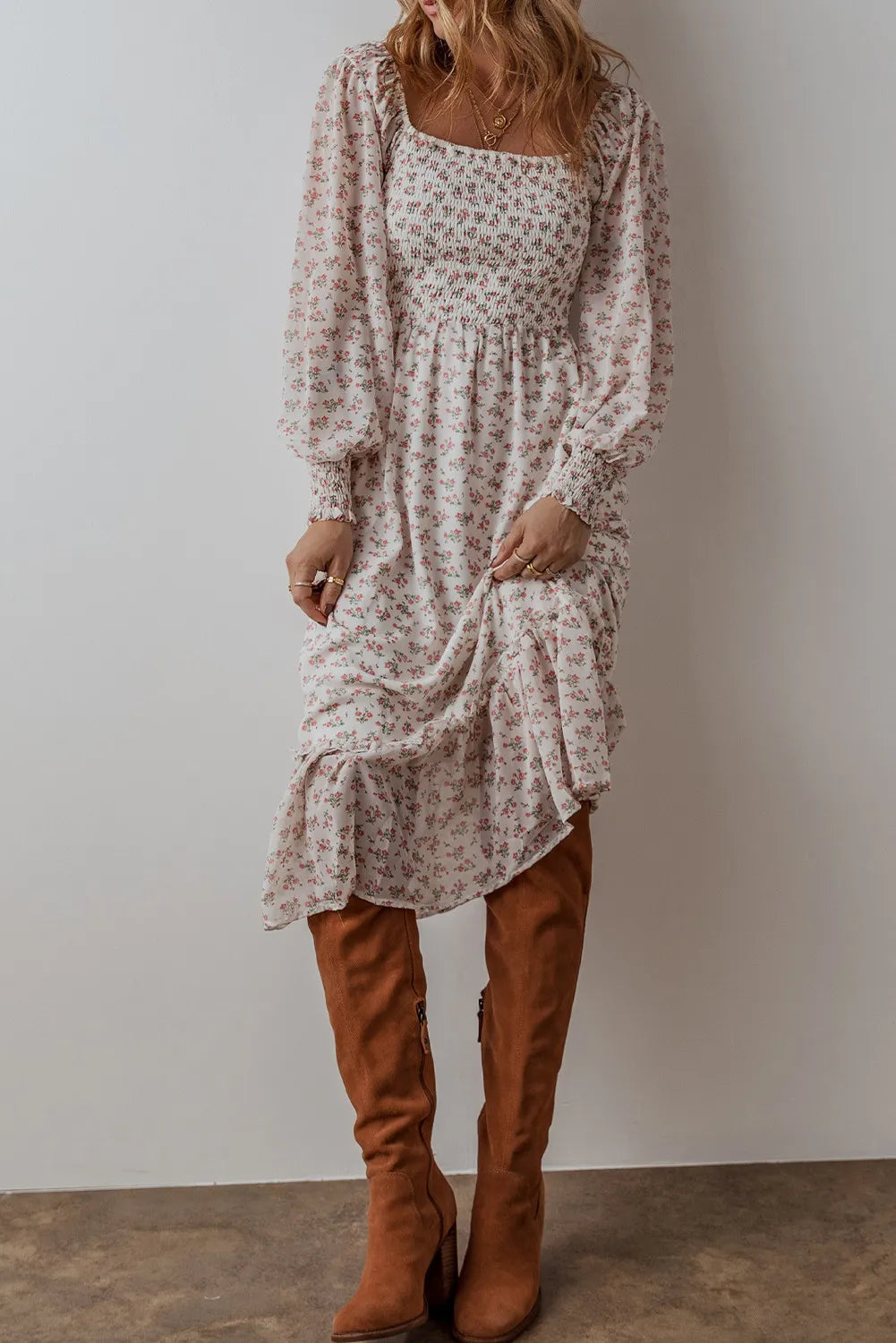 NEWYORKLISTED STYLE COLLECTION: Smocked Floral Long Sleeve Midi Dress - NEWYORKLISTED