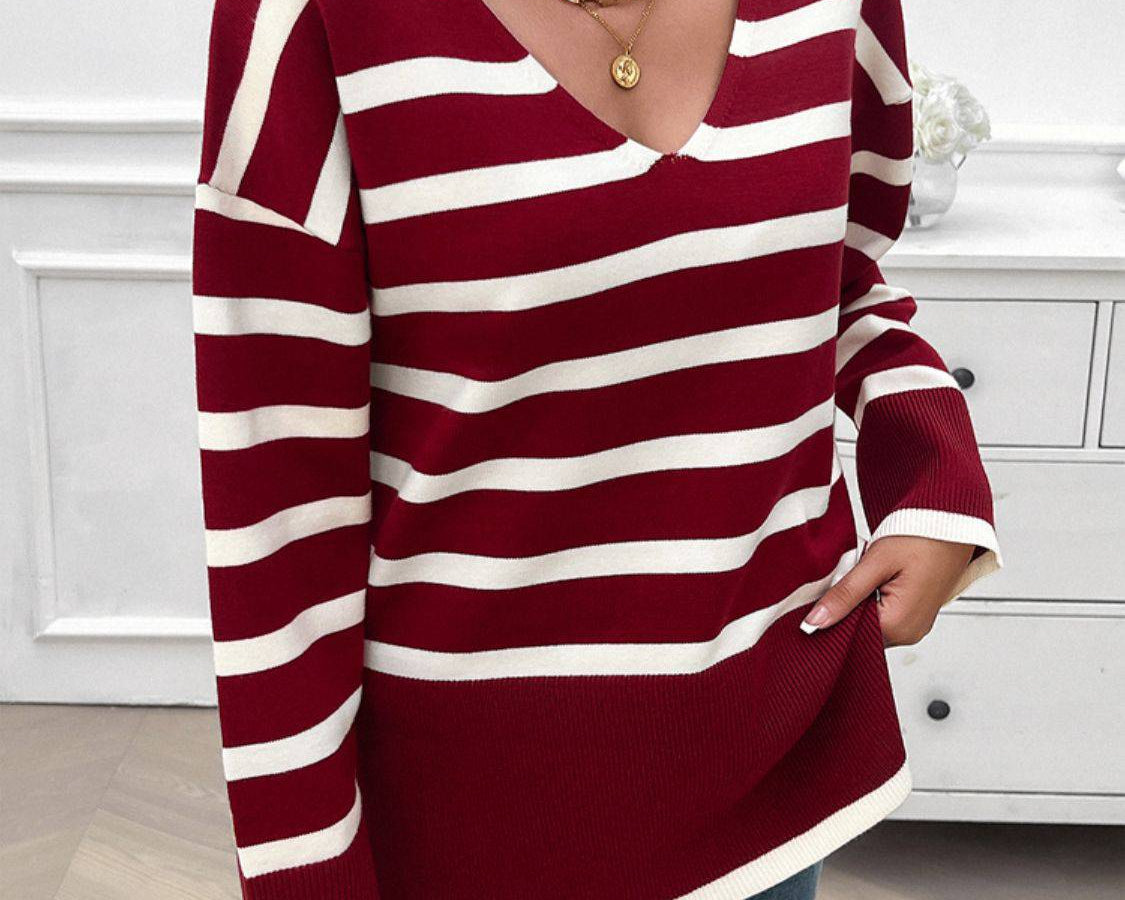 NYLD Striped V-Neck Long Sleeve Knit Top - NEWYORKLISTED