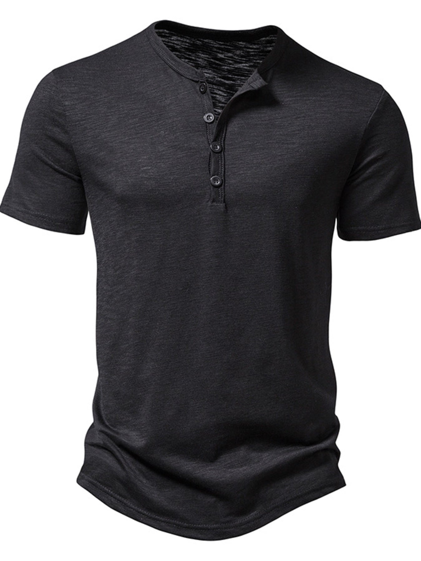 NEWYORKLISTED ATLAS MEN'S COLLECTION: Black short-sleeve henley shirt on a white background