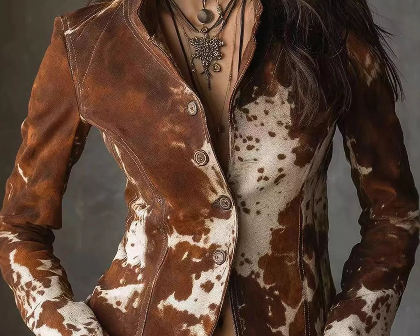 NEWYORKLISTED STYLE COLLECTION: Person wearing a brown and white cowhide leather jacket against a gray background