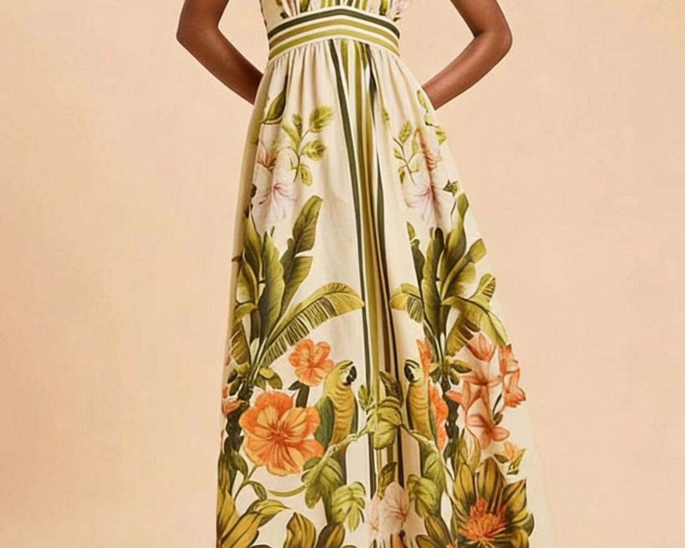 NEWYORKLISTED STYLE COLLECTION: Woman wearing a floral dress with a beige background