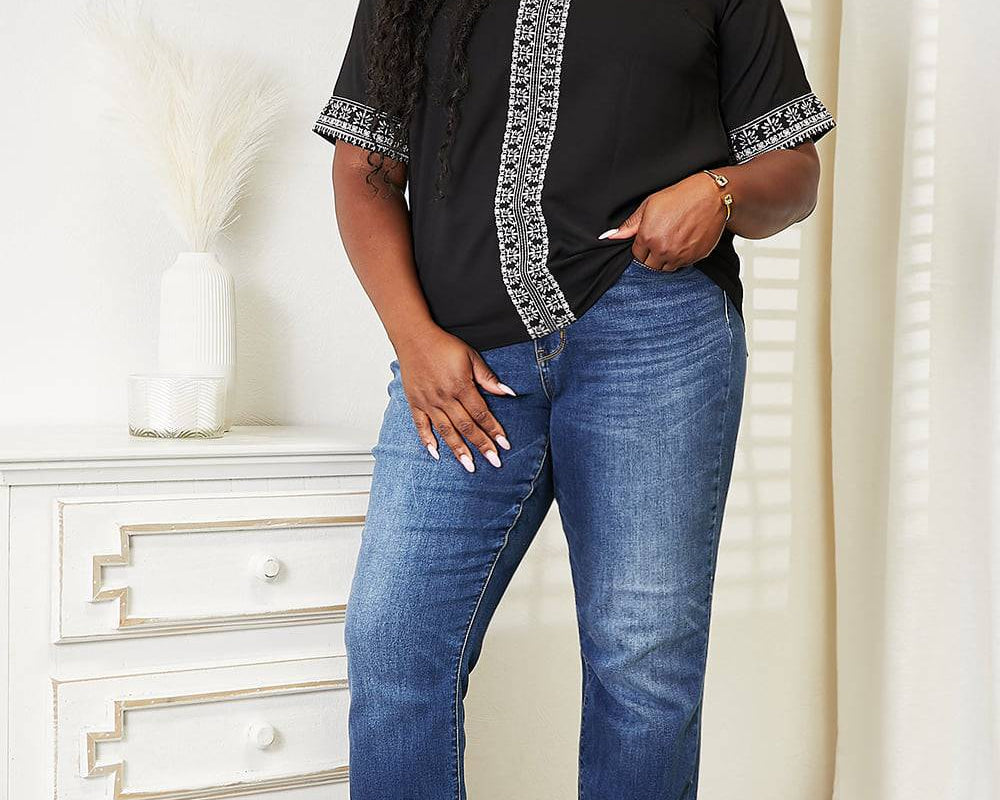 NEWYORKLISTED: Embroidered Notched Neck Top - NEWYORKLISTED