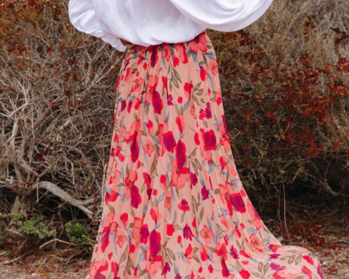 Printed Elastic Waist Pleated Maxi Skirt - NEWYORKLISTED