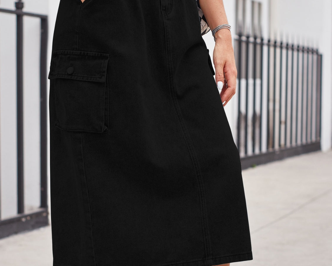 Slit Buttoned Denim Skirt with Pockets - NEWYORKLISTED