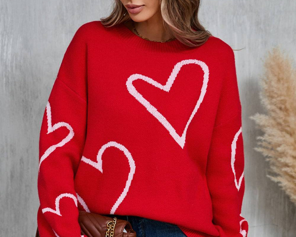 NEWYORKLISTED STYLE COLLECTION: Heart Dropped Shoulder Long Sleeve Sweater - NEWYORKLISTED