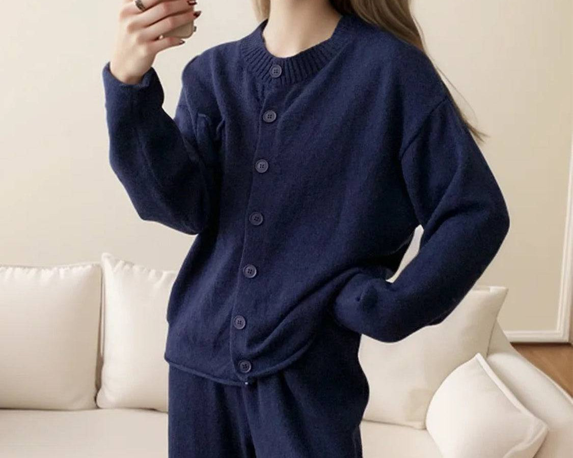 NEWYORKLISTED STYLE COLLECTION: Pocketed Round Neck Button Up Cardigan and Pants Sweater Set - NEWYORKLISTED