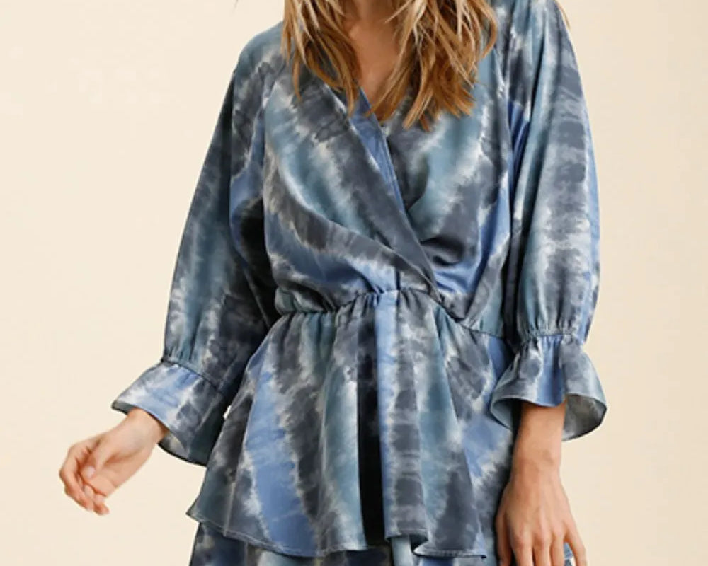 Blue and grey tie dye ruffled layered wrap dress with elastic waistband – NEWYORKLISTED STYLE COLLECTION